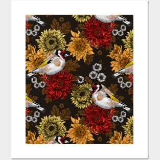 Goldfinch and chrysanthemum flowers Posters and Art